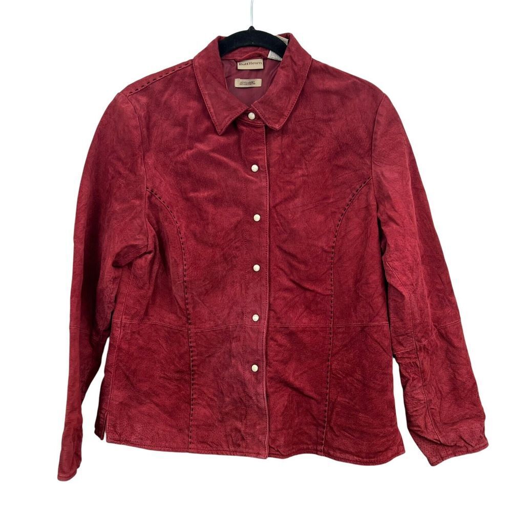 Ruff Hewn Women Suede Leather Jacket Collared Pearl Snap Button TopStitch Red L*